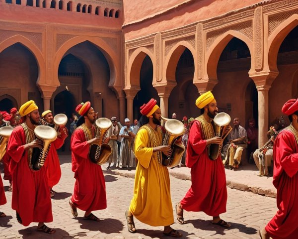 Vibrant Procession in Historic Courtyard with Musicians