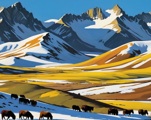 Snowy Mountain Landscape with Grazing Horses