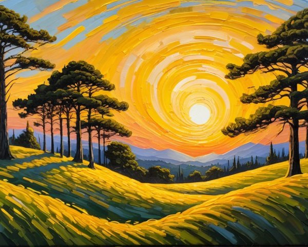 Vibrant Landscape with Sunset and Rolling Hills