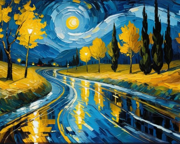 Impressionistic Painting of a Countryside Night Scene