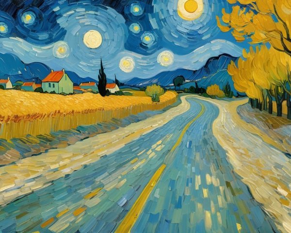 Vibrant Countryside with Winding Road and Celestial Sky