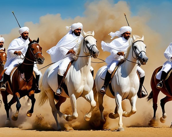Horsemen in White Garments Riding Across Sandy Landscape
