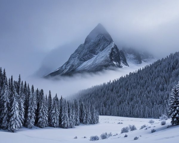 Snow-Covered Mountain in Evergreen Forest Landscape