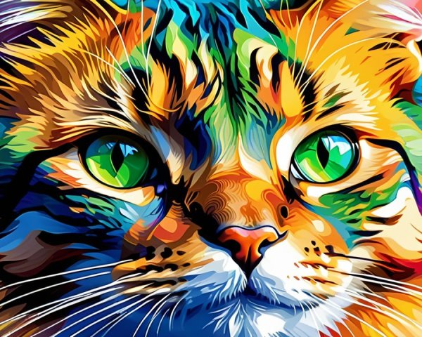 Vibrant Cat Face Illustration with Geometric Background