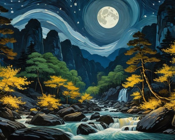 Landscape Painting of Full Moon Over River Canyon
