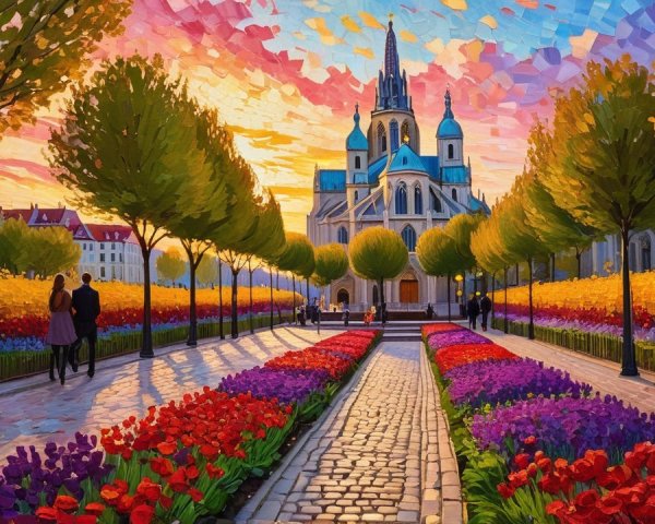 Vibrant Sunset Over Grand Church and Flowerbeds