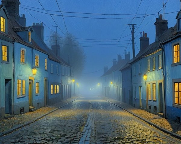 Misty Street with Charming Cottages and Soft Light