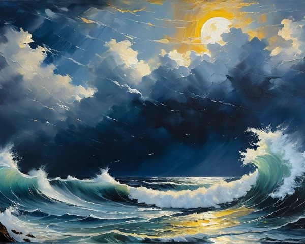 Dramatic Seascape with Waves and Vibrant Sky