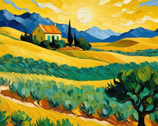 Vibrant Impasto Painting of Countryside Landscape