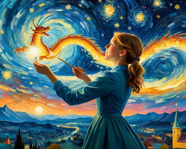 Young girl in blue gown with golden dragon in night sky
