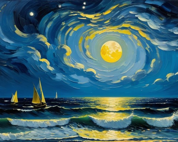 Serene Night Sea Scene with Full Moon and Sailboats