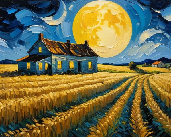 Rustic Farmhouse Under a Luminous Full Moon