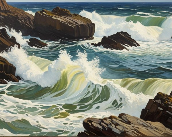 Oil Painting of Rocky Coastline with Waves