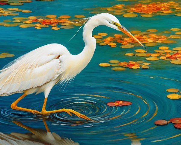 White Egret in Tranquil Pond with Water Lilies