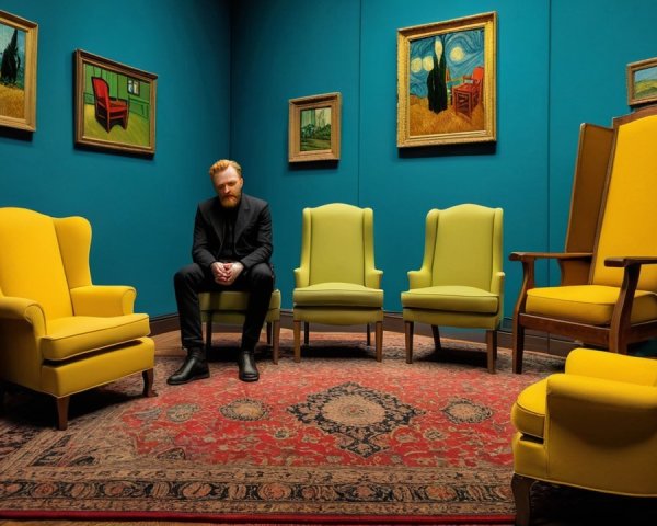 Stylish Interior with Blue Wall and Colorful Chairs