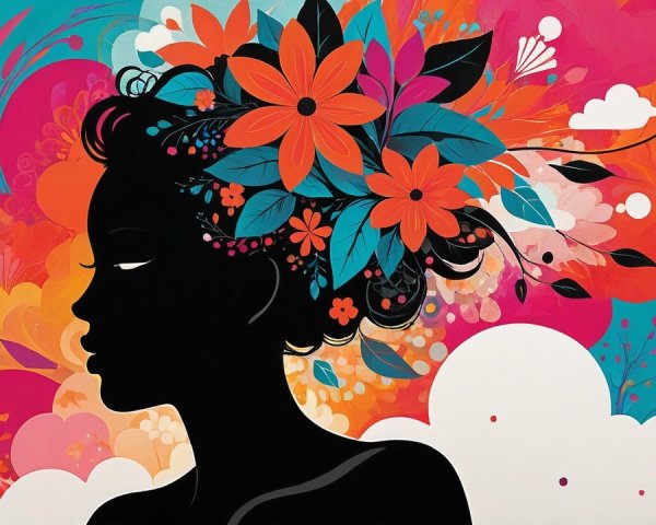 Silhouette of a Woman with Colorful Floral Background