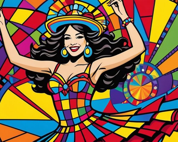 Vibrant Illustration of a Dancer in Geometric Dress