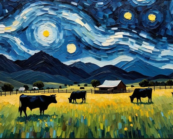 Pastoral Scene Under Swirling Starry Night Sky