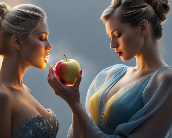 Elegant Women in Ethereal Lighting with Red Apple