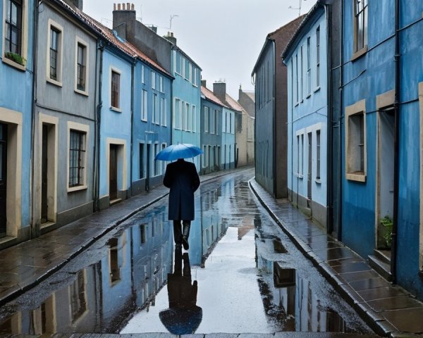 Solitary Figure on Cobblestoned Street with Umbrella