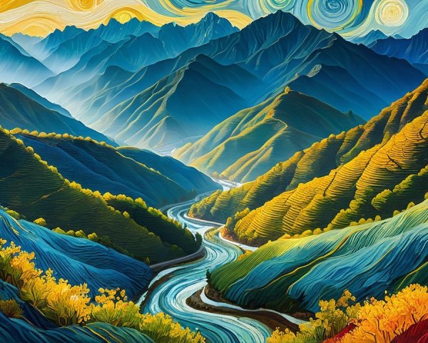 Vivid Landscape of Rolling Mountains and River