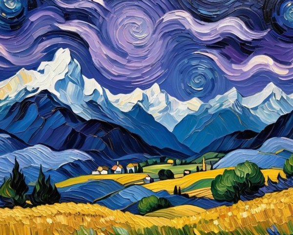 Detailed Oil Painting of Mountain Landscape at Twilight