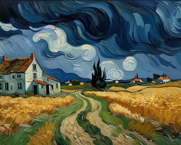 Winding Path Through Wheat Fields and Quaint House