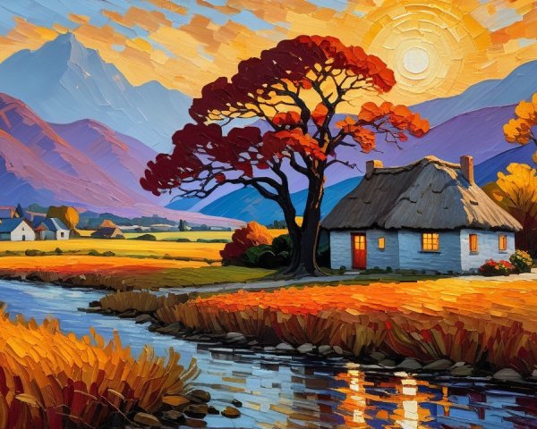 Countryside Sunset with Cottage and Autumn Foliage