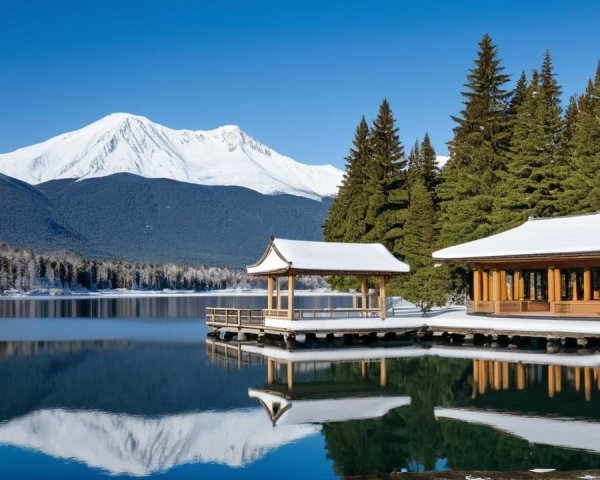 Serene Winter Landscape with Lake and Snowy Mountains