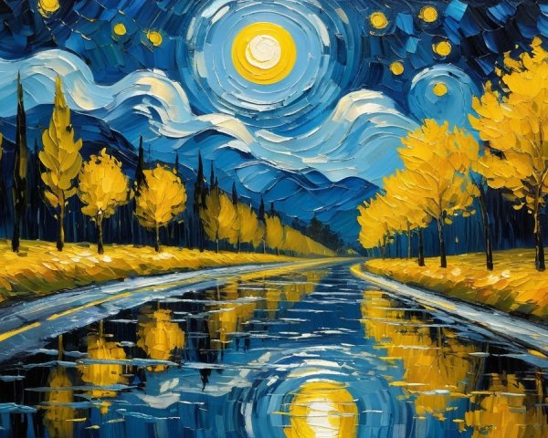 Vibrant Landscape Painting of Moonlit Night Sky