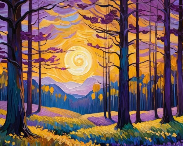 Stylized Trees and Colorful Flowers at Sunset