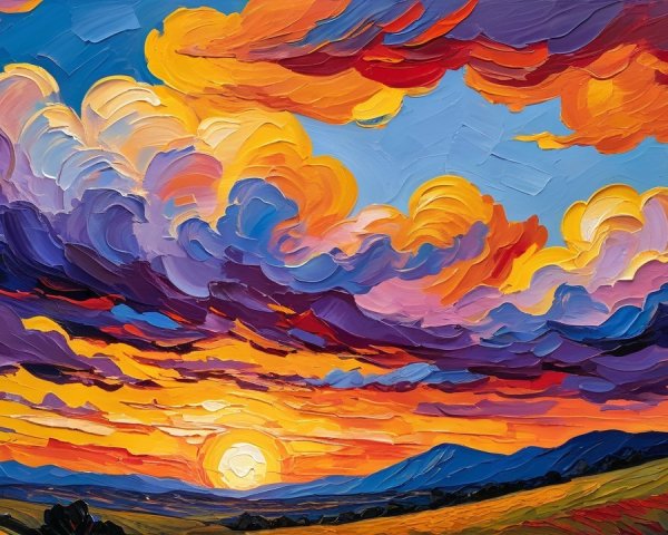 Vibrant Sunset Scene with Textured Clouds and Hills
