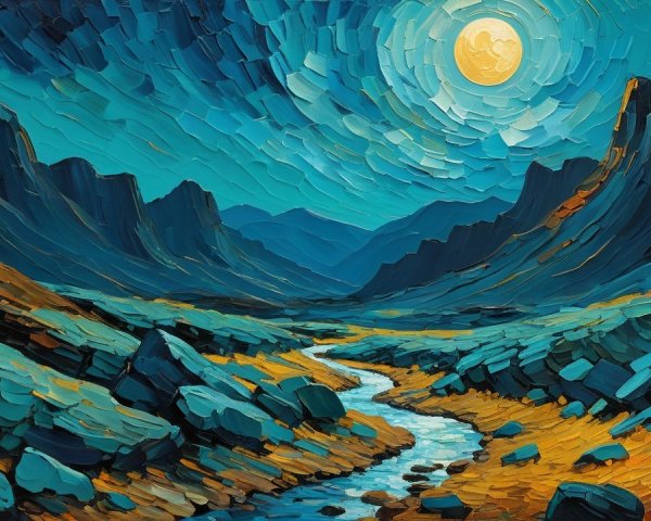 Vibrant Landscape with River and Moonlit Mountains
