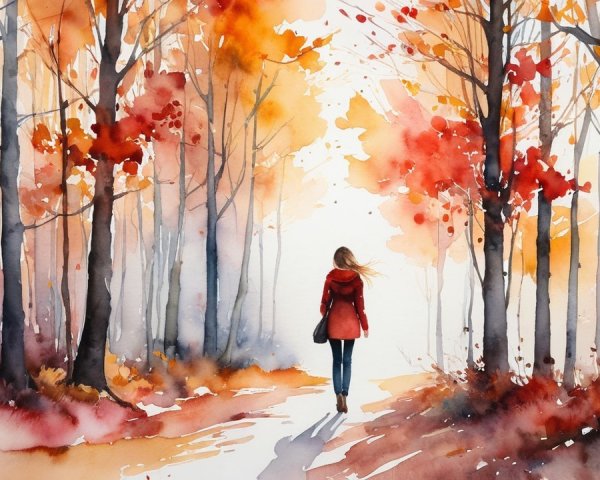 Watercolor of a woman in an autumn forest path