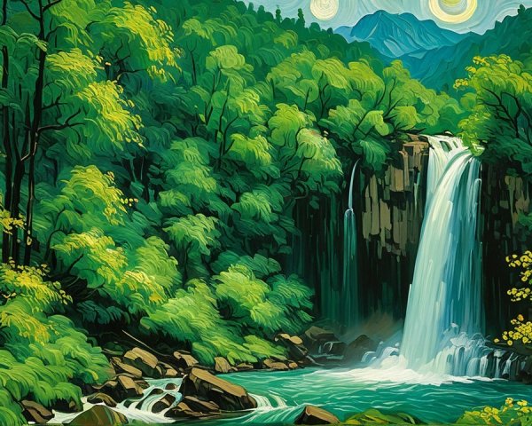Lush Forest and Cascading Waterfall Scene