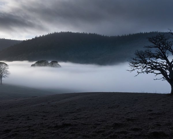 Serene Landscape with Fog and Silhouetted Trees