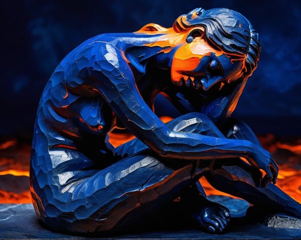 Sculpture of a Contemplative Seated Figure with Lava Backdrop