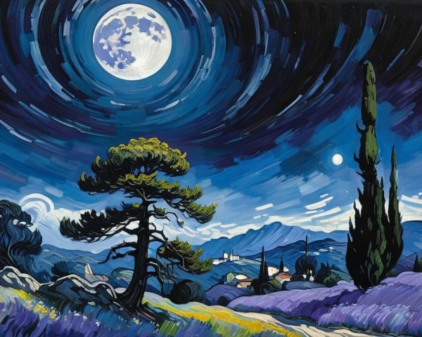 Luminous Night Scene with Moon and Lavender Fields