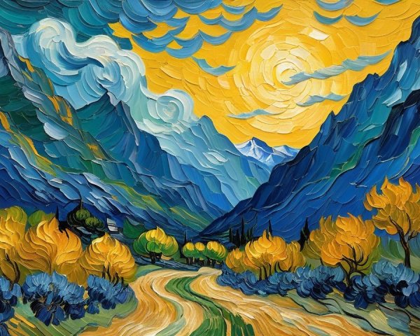 Textured Impasto Landscape with Winding Path and Mountains