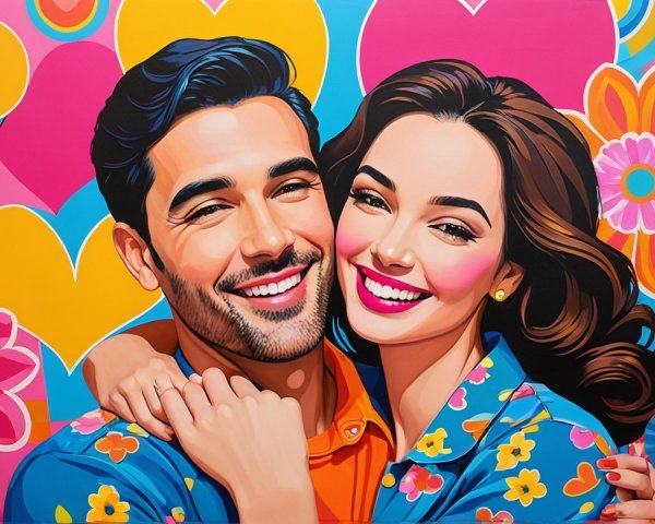 Colorful Illustration of a Happy Couple Surrounded by Hearts