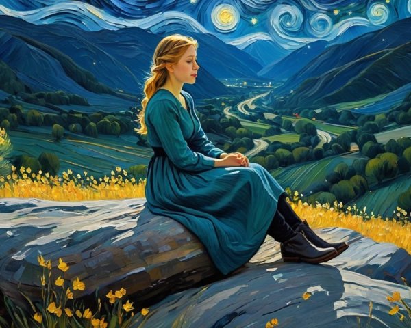 Serene girl in blue dress amid vibrant landscape