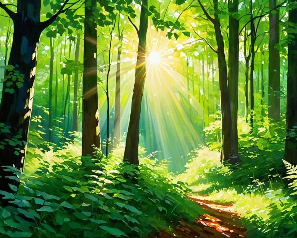 Serene Forest Scene with Sunlight and Vibrant Foliage