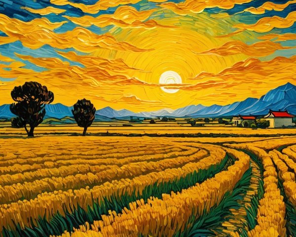 Vibrant Wheat Field Painting with Trees and Mountains