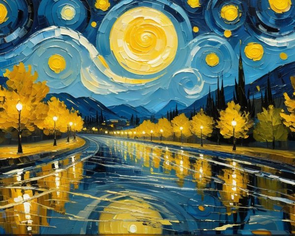 Vibrant Night Sky with Yellow Moon and Reflective Road
