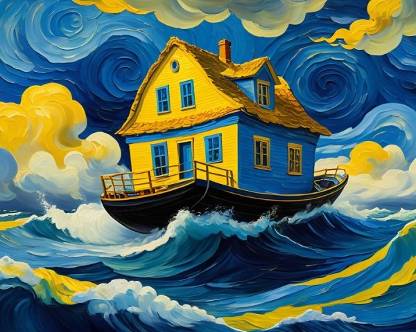 Impressionist Painting of House on Swirling Waves