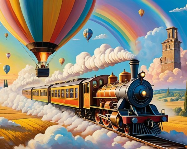 Classic Steam Train in a Vibrant Countryside Scene