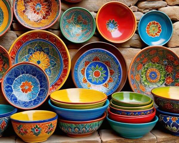 Colorful Ceramic Bowls and Plates Against Stone Wall