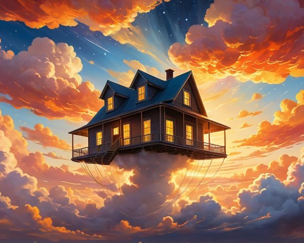 Floating House Among Golden Clouds at Sunset
