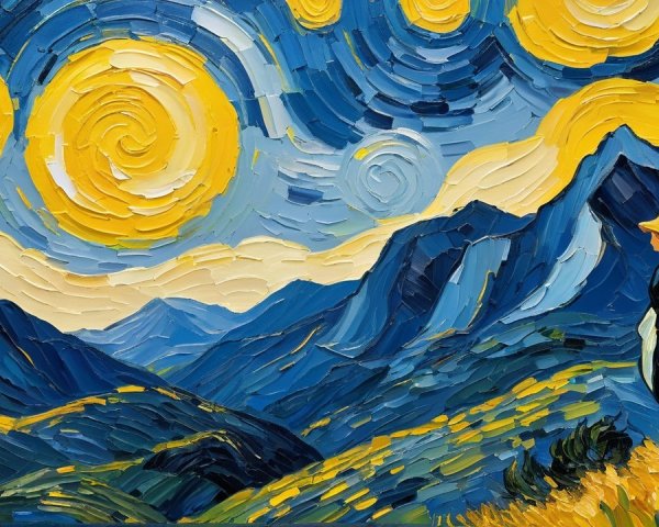 Van Gogh-Style Landscape with Woman and Blue Mountains
