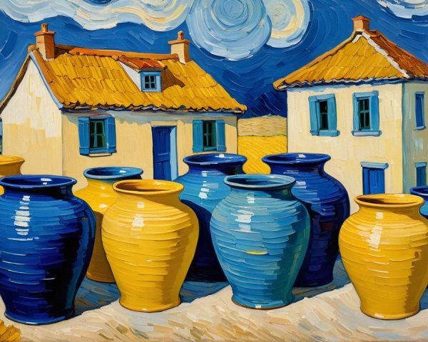 Ceramic Vases and Houses in a Van Gogh Style Painting
